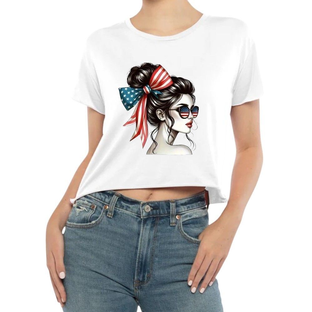 Womens‎ Crop Top Graphic American Flag Girl 4th July print raw hem Semi Sheer LB